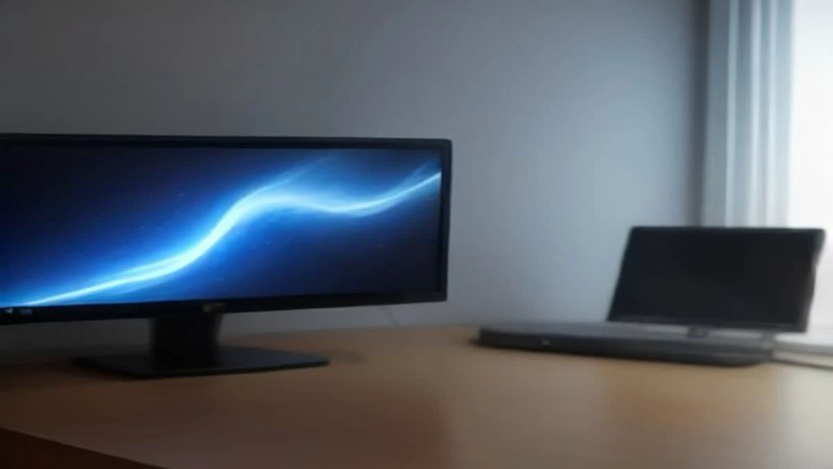 A desk setup with ambient RGB lighting and a large curved monitor